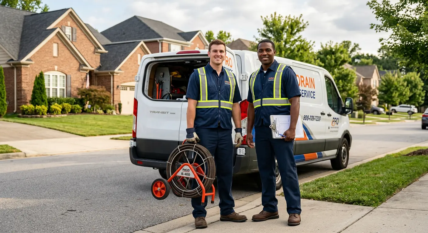 Sewer and drain service team with equipment ready for work in Manor