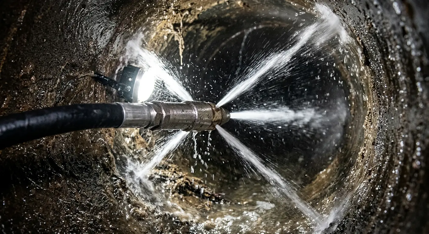 High-pressure hydro jetting nozzle cleaning sewer pipe for Sewer Cleanout in Manor
