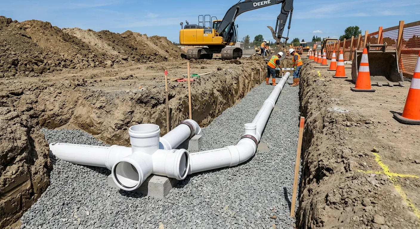 New PVC sewer pipe installation in open trench for Sewer Backup in Manor